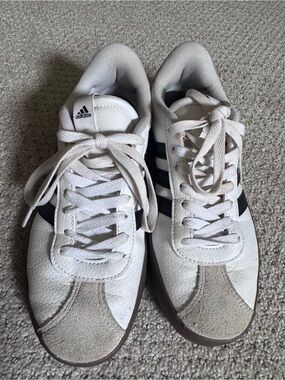 adidas samba White Sneakers with Black Stripes and Tan Suede Accents